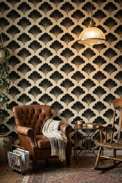 Art Deco Fan Pattern Wallpaper, Black Gold Wall Decor, Geometric Luxury Interior Design