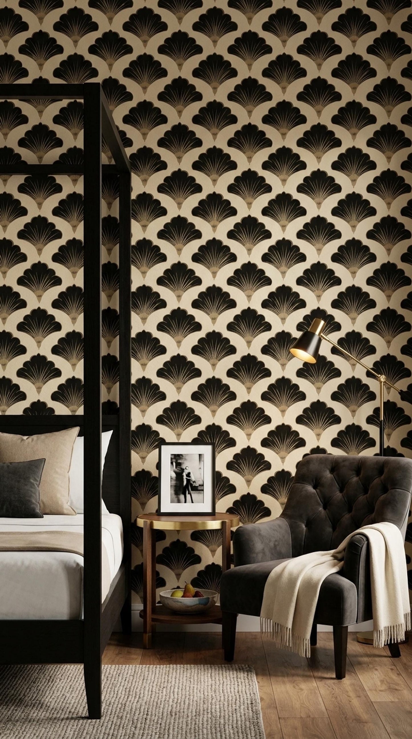Art Deco Fan Pattern Wallpaper, Black Gold Wall Decor, Geometric Luxury Interior Design