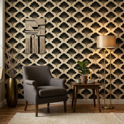 Art Deco Fan Pattern Wallpaper, Black Gold Wall Decor, Geometric Luxury Interior Design