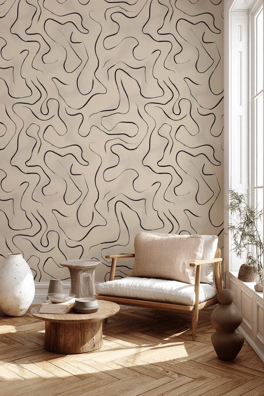 Minimal Abstract Line Wallpaper, Neutral Japandi Decor, Modern Organic Wall Art Design