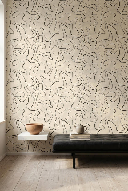 Minimal Abstract Line Wallpaper, Neutral Japandi Decor, Modern Organic Wall Art Design