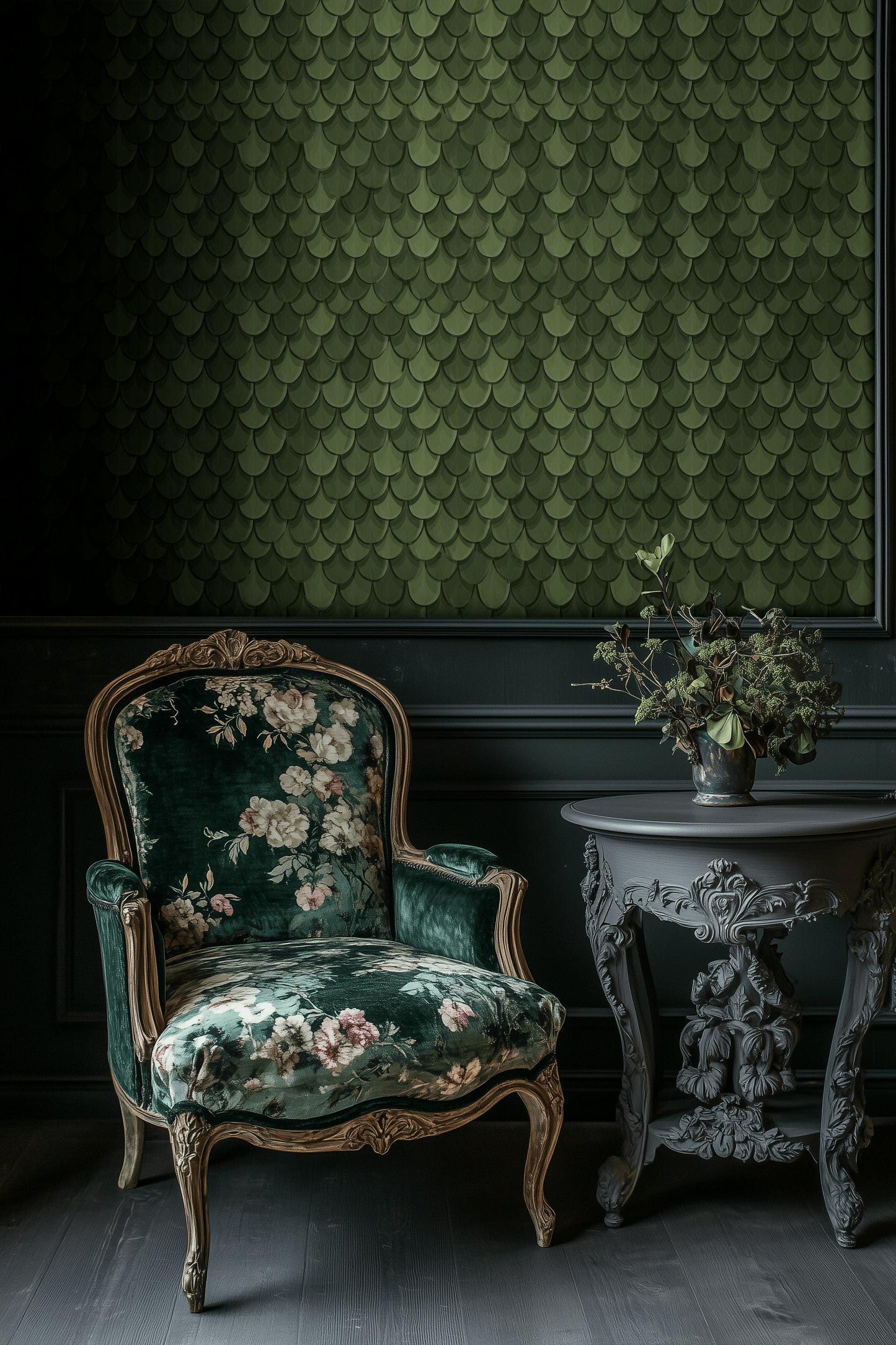 Green Scale Pattern Wallpaper, Art Deco Wall Decor, Modern Textured Luxury Interior Design