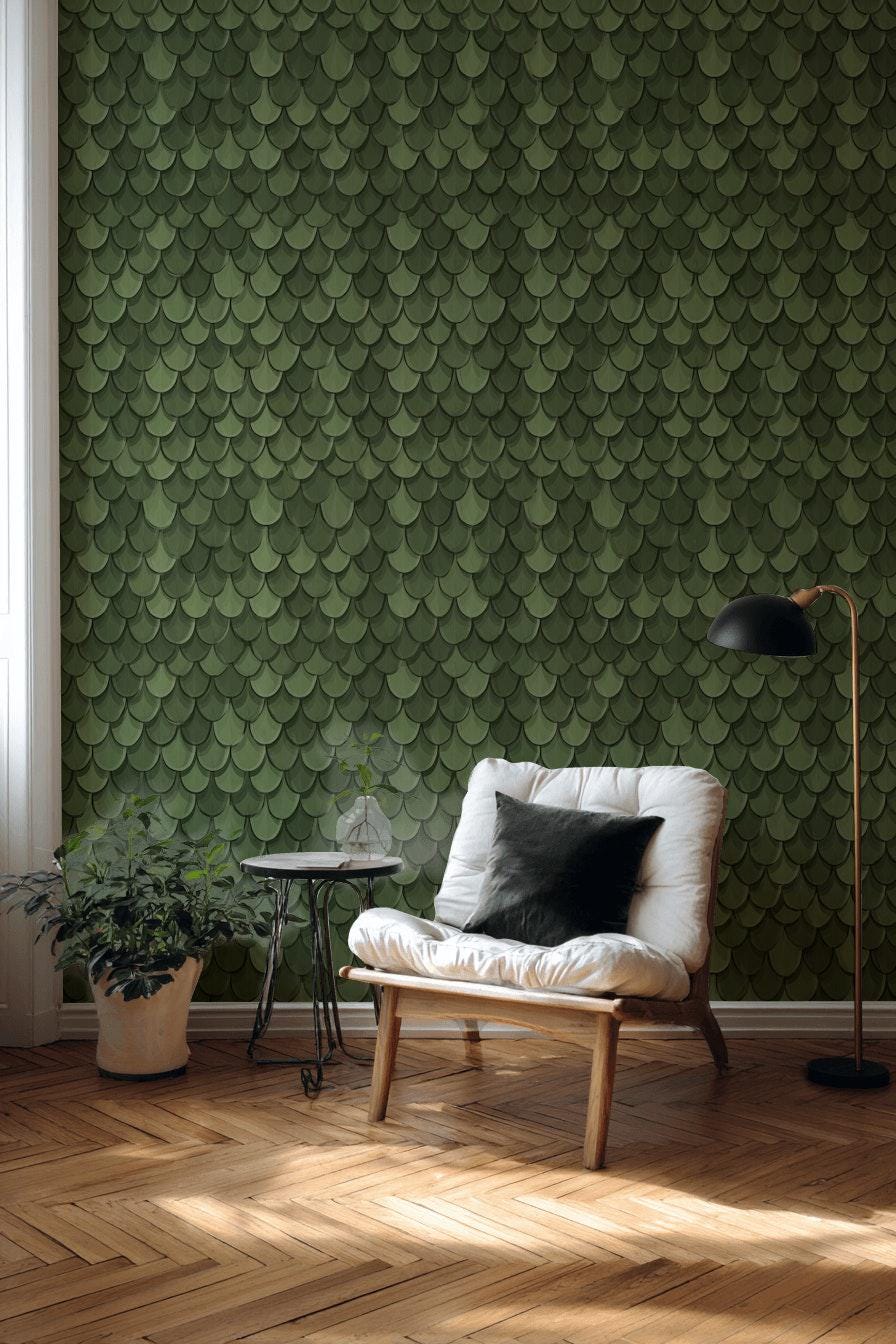Green Scale Pattern Wallpaper, Art Deco Wall Decor, Modern Textured Luxury Interior Design