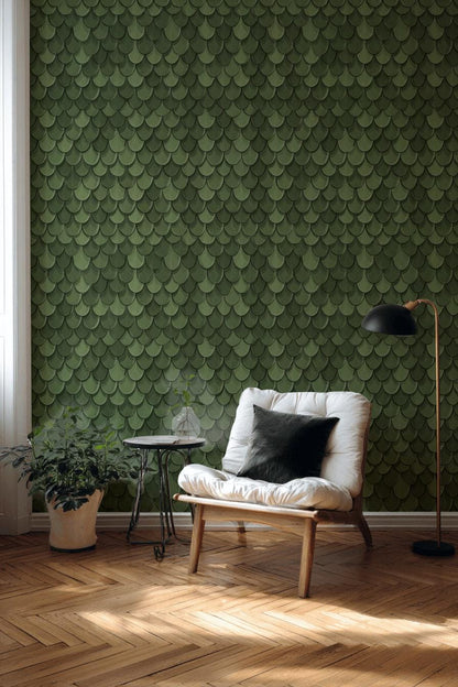 Green Scale Pattern Wallpaper, Art Deco Wall Decor, Modern Textured Luxury Interior Design