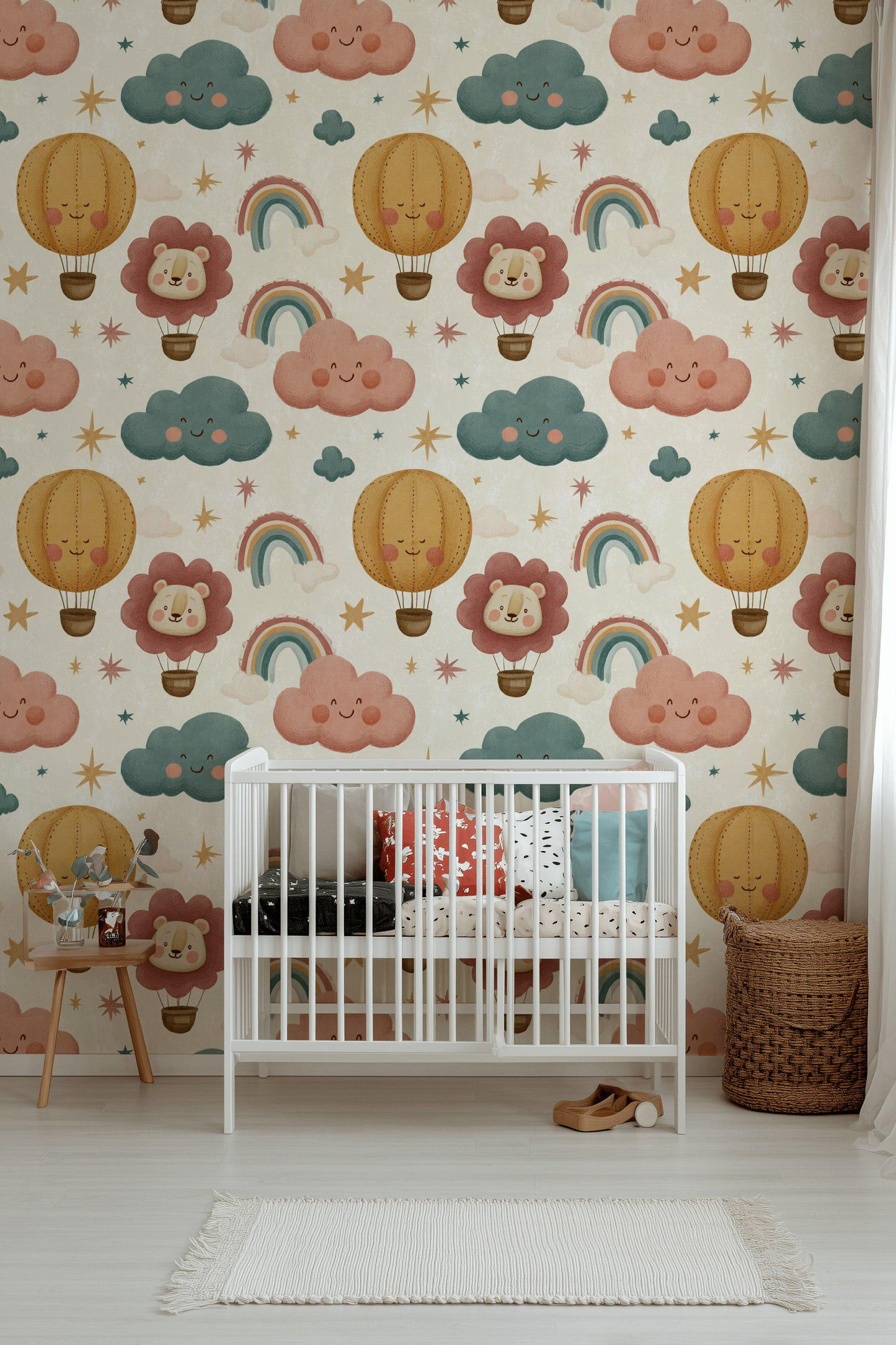 Nursery Wallpaper Hot Air Balloon Rainbow Design, Kids Room Wall Decor Animal Theme