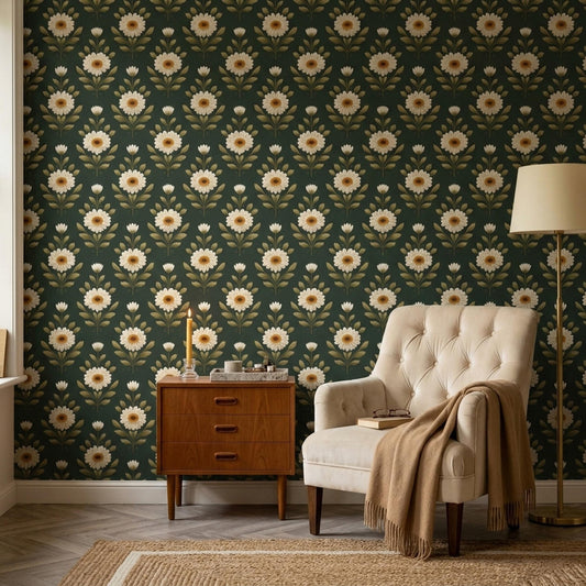 Green Floral Wallpaper Vintage Daisy Pattern Botanical Wall Decor