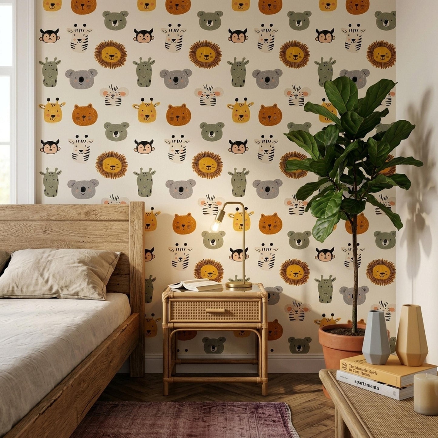 Kids Animal Wallpaper Safari Pattern Jungle Theme Wall Decor Playful Cartoon Design