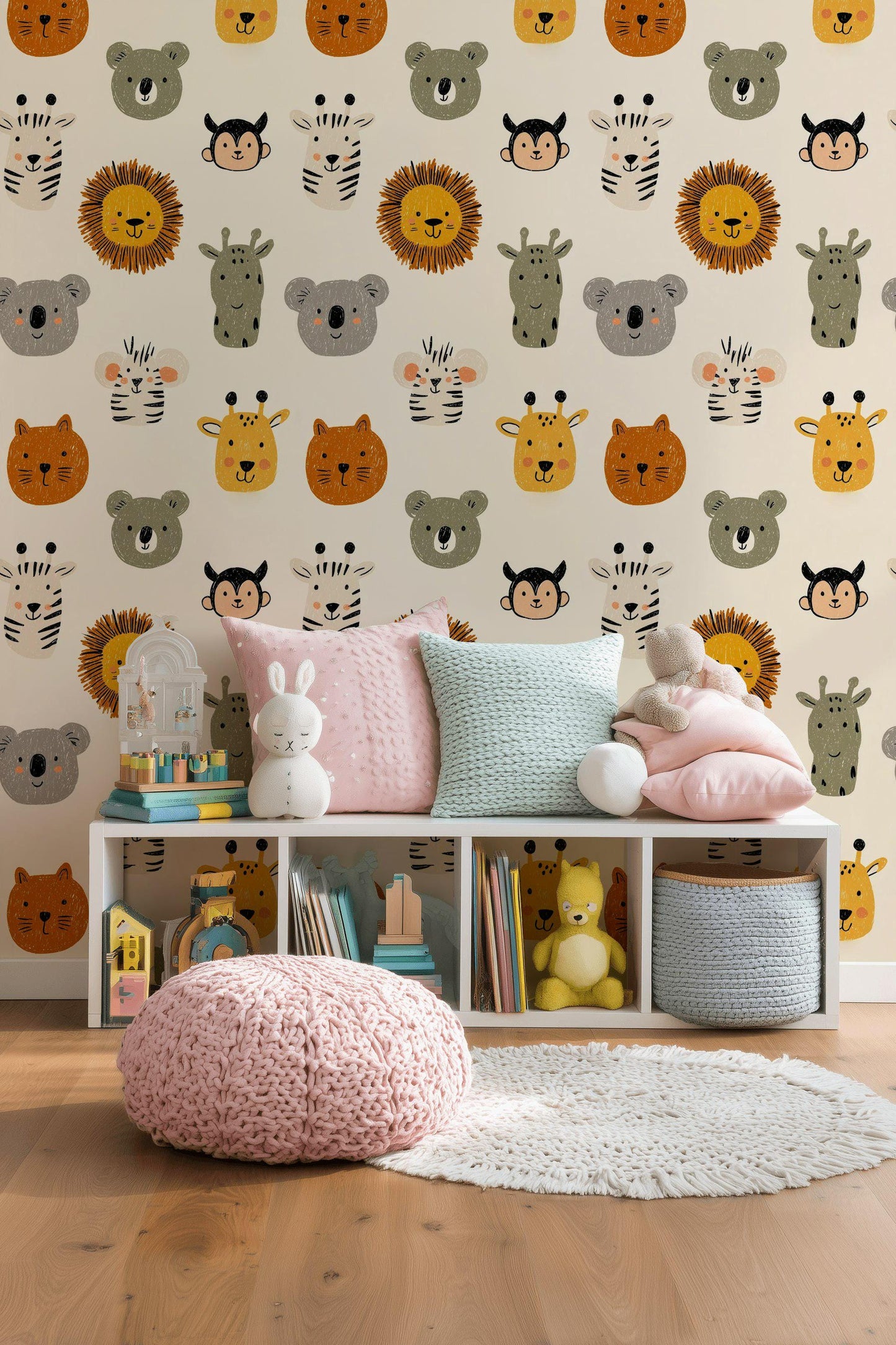 Kids Animal Wallpaper Safari Pattern Jungle Theme Wall Decor Playful Cartoon Design