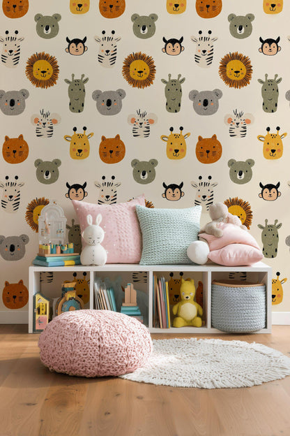 Kids Animal Wallpaper Safari Pattern Jungle Theme Wall Decor Playful Cartoon Design