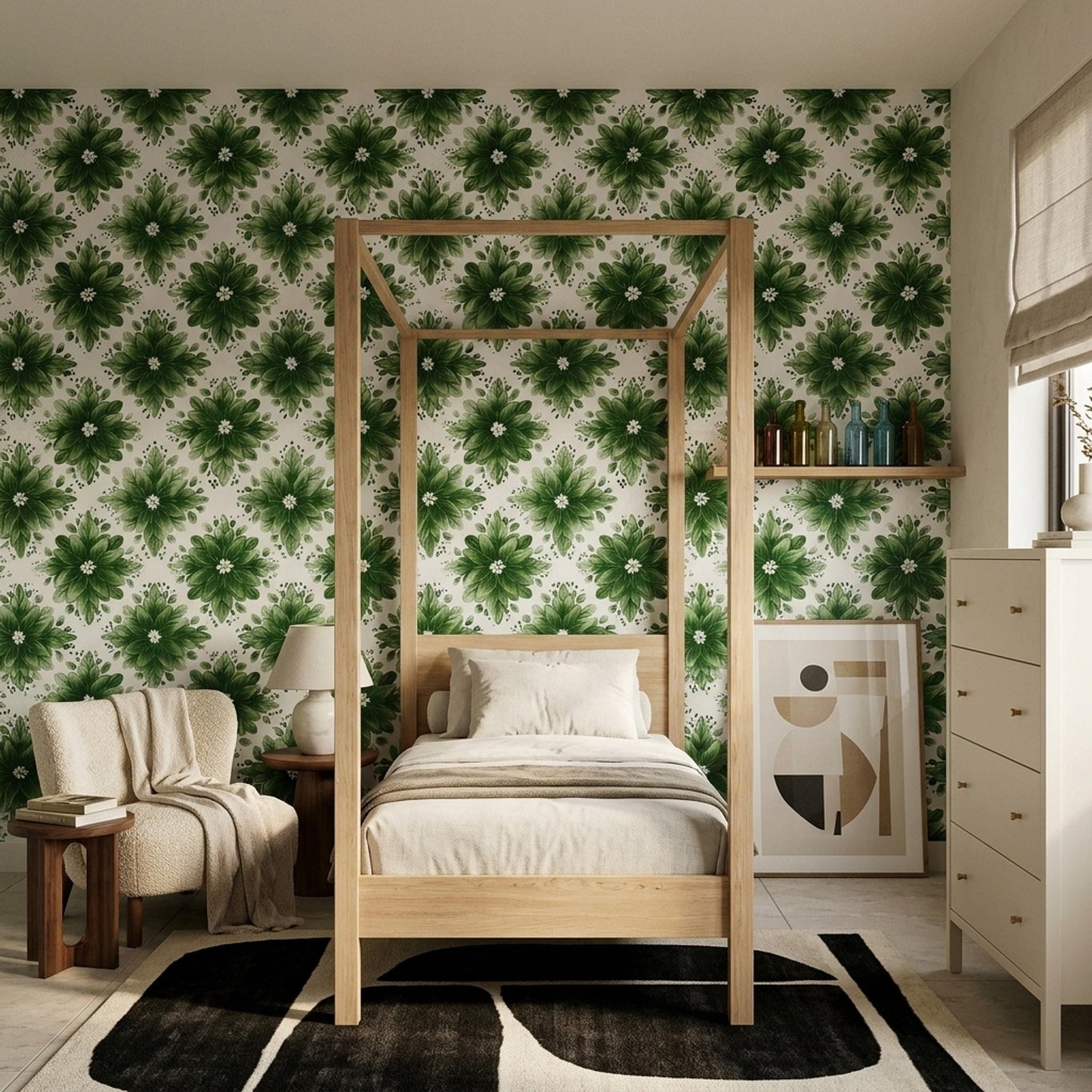 Green Floral Wallpaper Botanical Pattern Nature Inspired Wall Decor Elegant Leaf Design