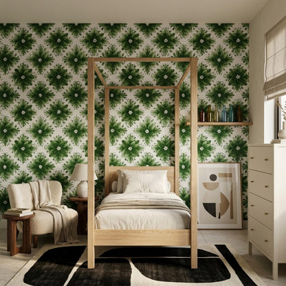 Green Floral Wallpaper Botanical Pattern Nature Inspired Wall Decor Elegant Leaf Design