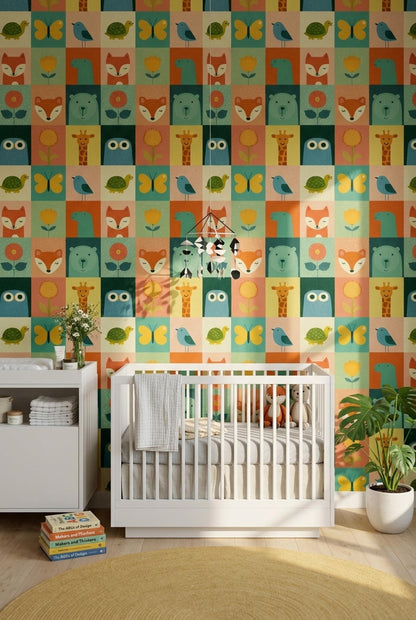 Scandinavian Animal Grid Wallpaper Colorful Safari Pattern Modern Kids Wall Art Decor