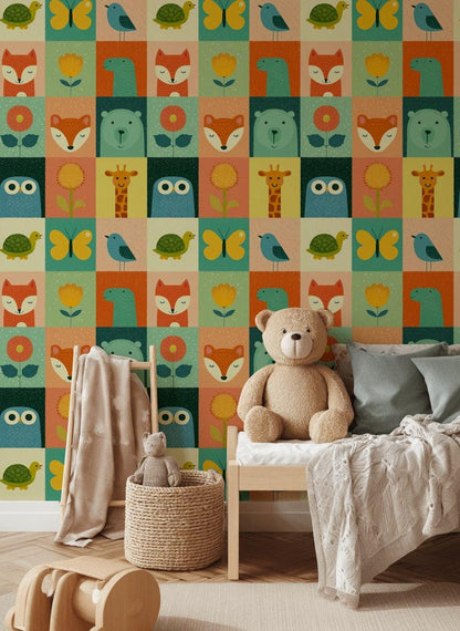Scandinavian Animal Grid Wallpaper Colorful Safari Pattern Modern Kids Wall Art Decor