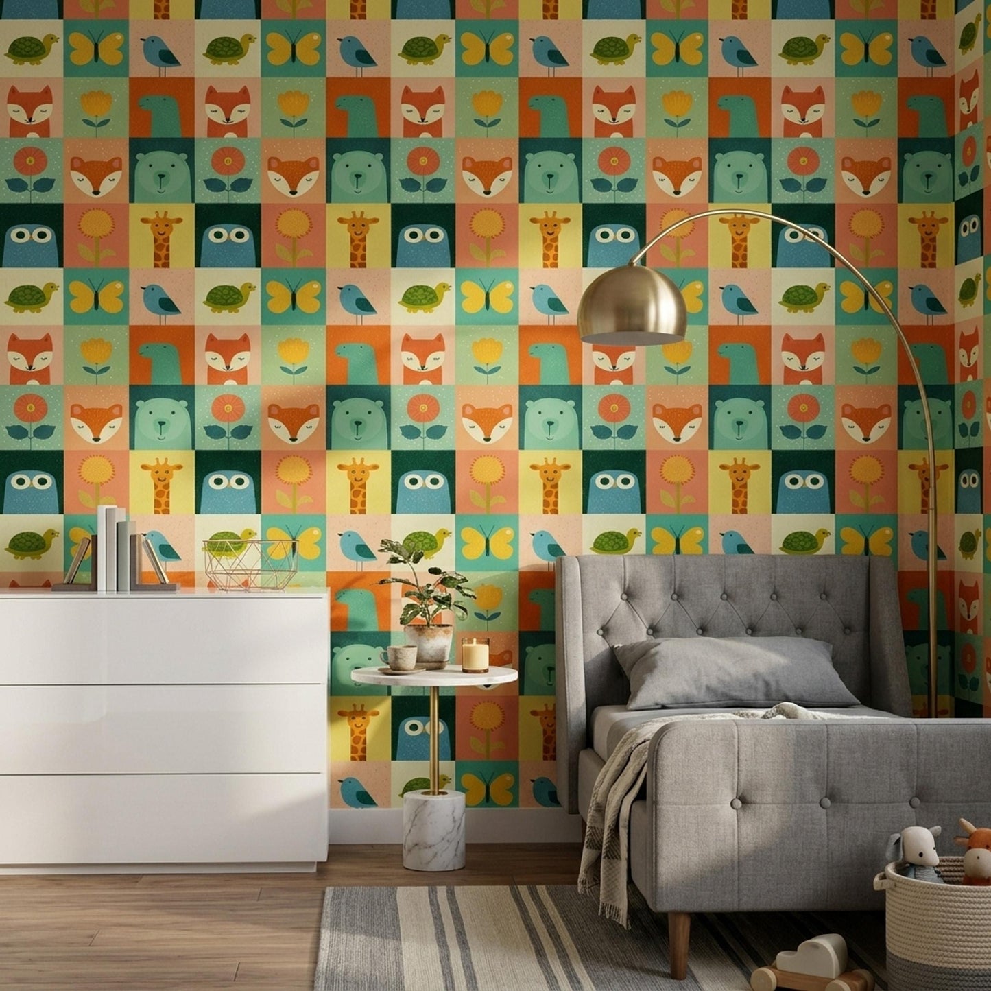 Scandinavian Animal Grid Wallpaper Colorful Safari Pattern Modern Kids Wall Art Decor
