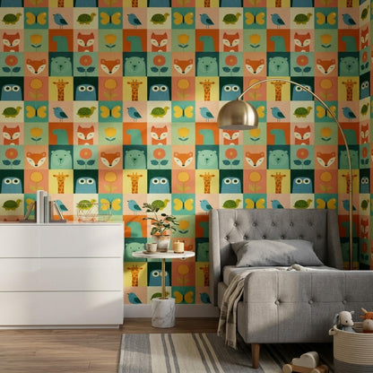Scandinavian Animal Grid Wallpaper Colorful Safari Pattern Modern Kids Wall Art Decor