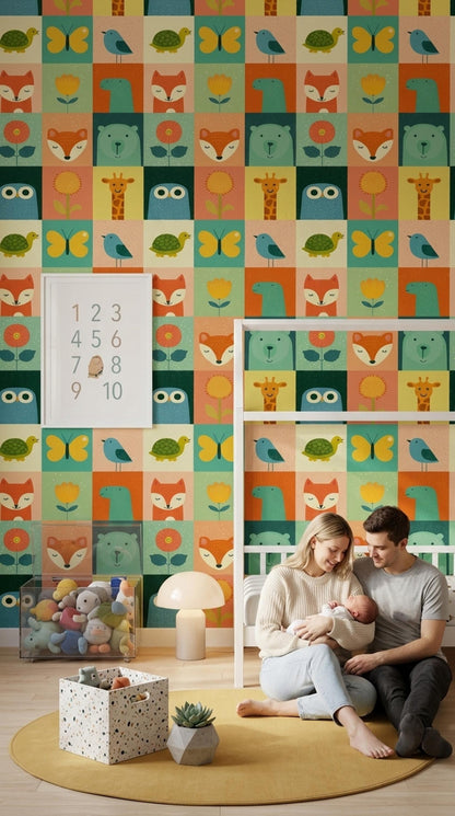 Scandinavian Animal Grid Wallpaper Colorful Safari Pattern Modern Kids Wall Art Decor