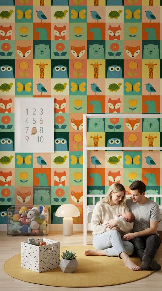 Scandinavian Animal Grid Wallpaper Colorful Safari Pattern Modern Kids Wall Art Decor