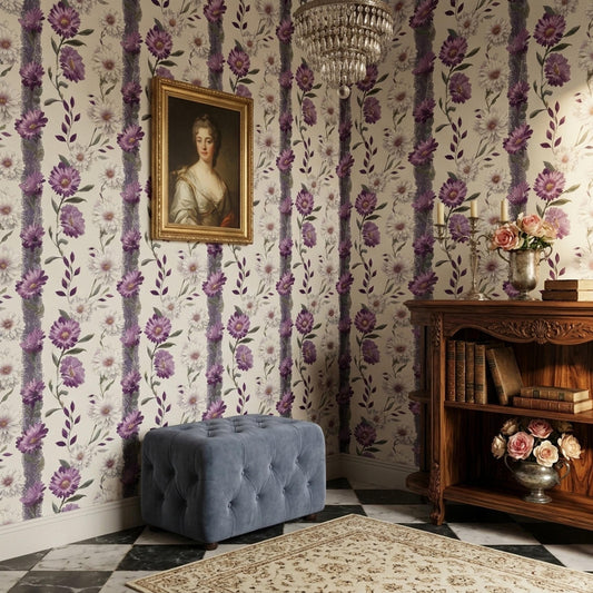 Vintage Floral Stripe Wallpaper Elegant Purple Botanical Pattern Classic Wall Decor Design