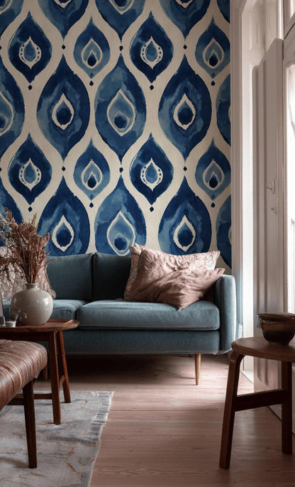 Blue Ikat Watercolor Wallpaper Boho Geometric Pattern Modern Artistic Wall Decor Design