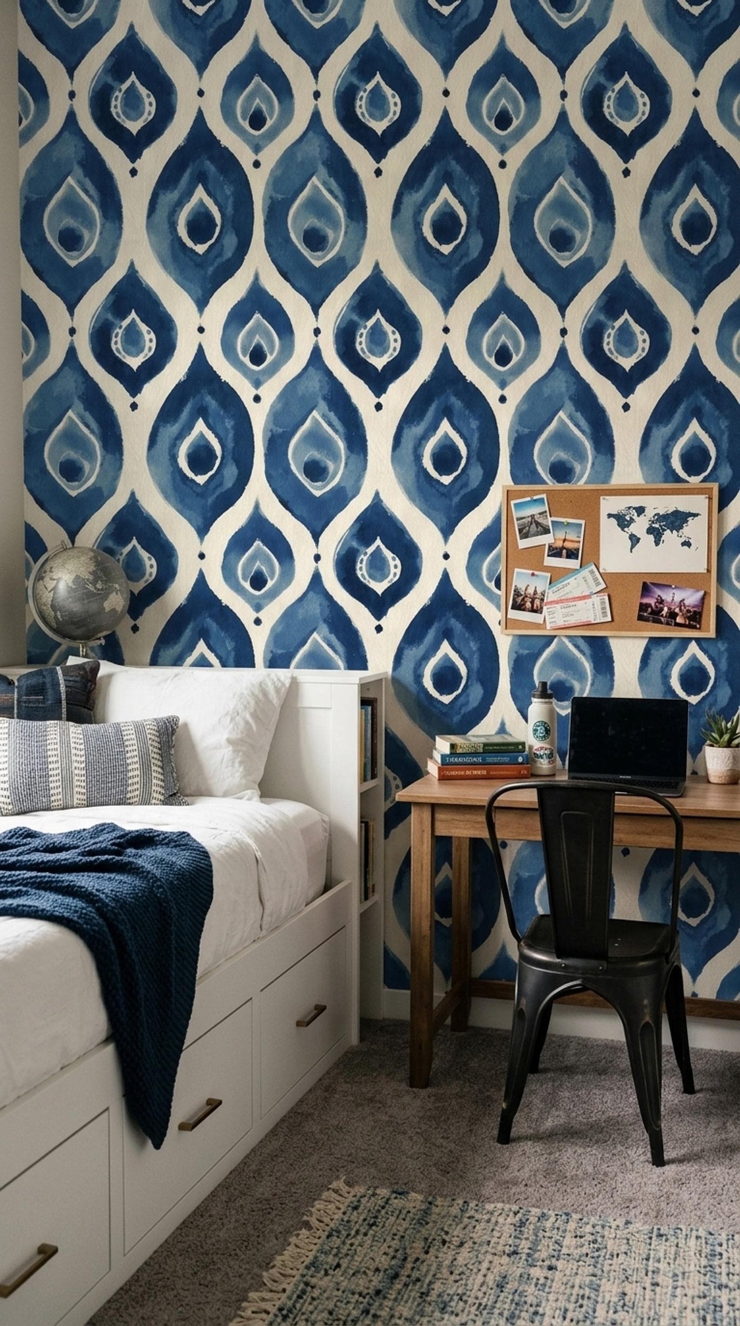 Blue Ikat Watercolor Wallpaper Boho Geometric Pattern Modern Artistic Wall Decor Design