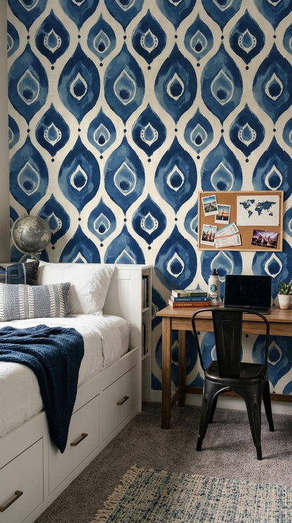 Blue Ikat Watercolor Wallpaper Boho Geometric Pattern Modern Artistic Wall Decor Design