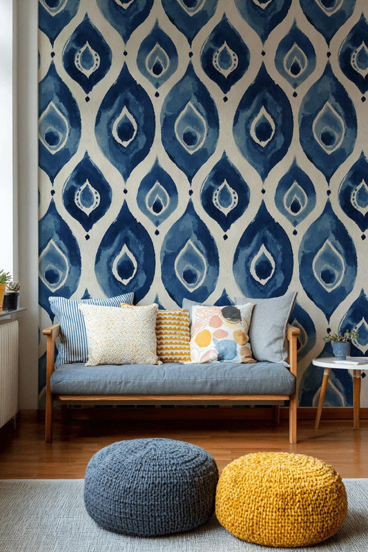 Blue Ikat Watercolor Wallpaper Boho Geometric Pattern Modern Artistic Wall Decor Design