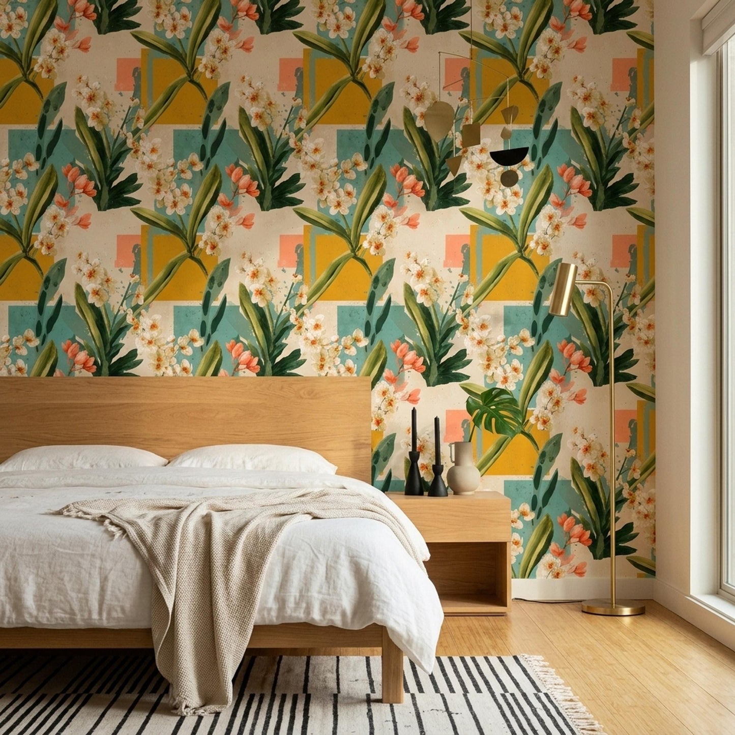 Mid Century Floral Wallpaper Retro Botanical Pattern Abstract Geometric Wall Decor