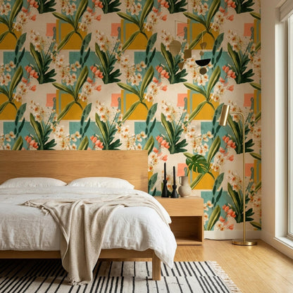 Mid Century Floral Wallpaper Retro Botanical Pattern Abstract Geometric Wall Decor