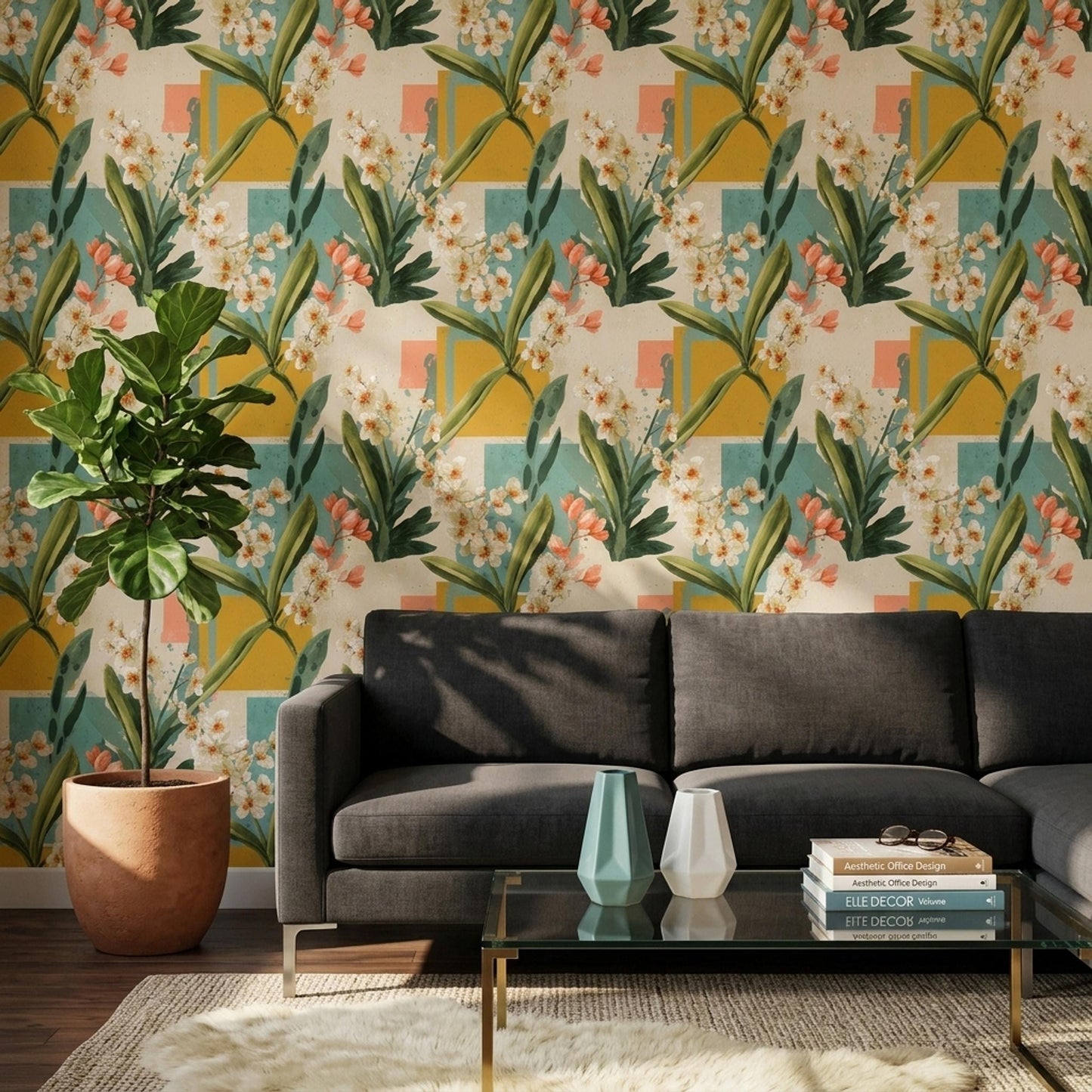 Mid Century Floral Wallpaper Retro Botanical Pattern Abstract Geometric Wall Decor