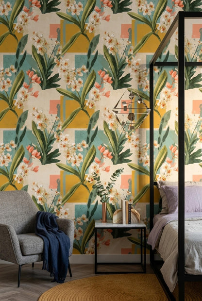 Mid Century Floral Wallpaper Retro Botanical Pattern Abstract Geometric Wall Decor
