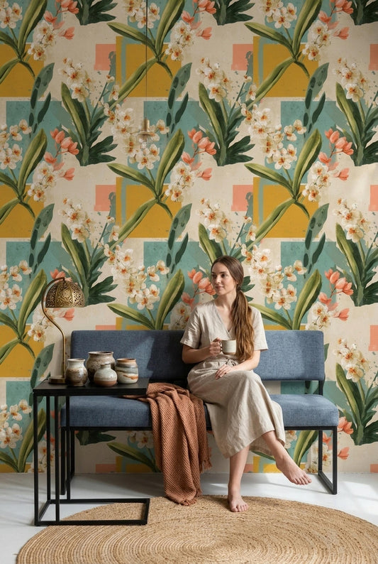 Mid Century Floral Wallpaper Retro Botanical Pattern Abstract Geometric Wall Decor