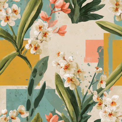 Mid Century Floral Wallpaper Retro Botanical Pattern Abstract Geometric Wall Decor