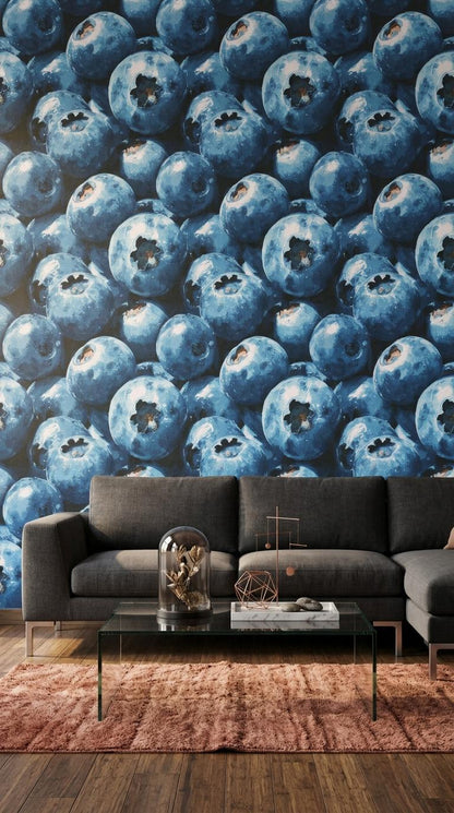 Blueberry Pattern Wallpaper Fruit Kitchen Wall Decor Dark Blue Modern Food Design