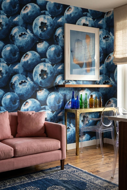 Blueberry Pattern Wallpaper Fruit Kitchen Wall Decor Dark Blue Modern Food Design