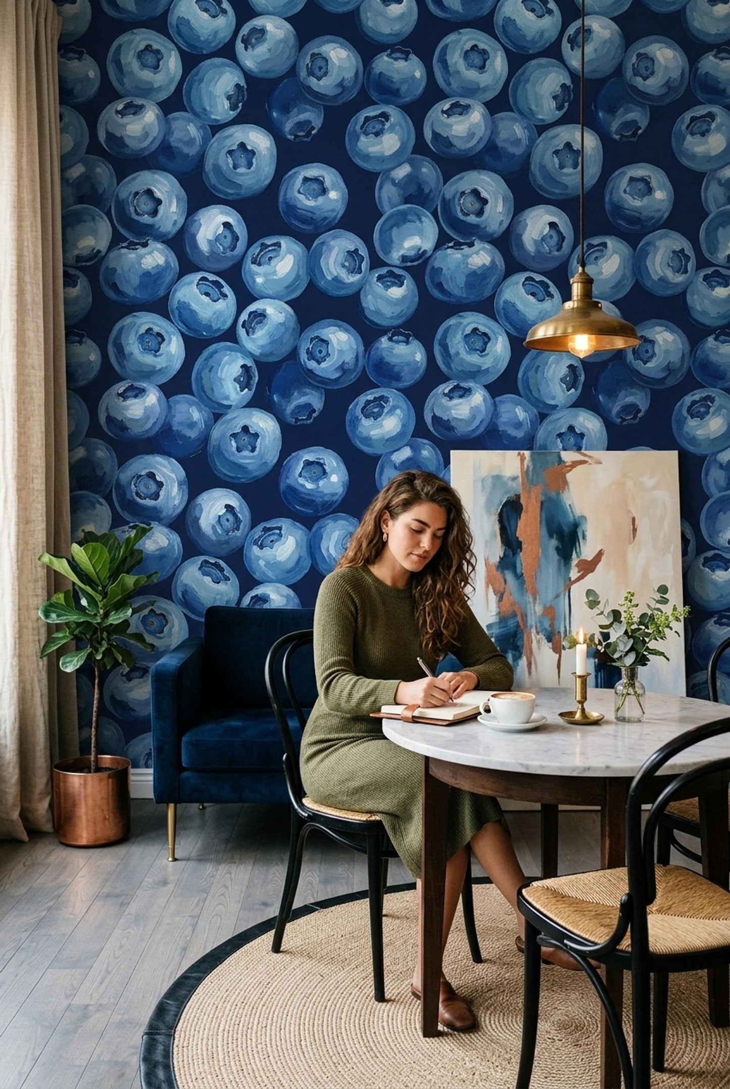 Blueberry Pattern Wallpaper Fruit Kitchen Wall Decor Dark Blue Modern Food Design