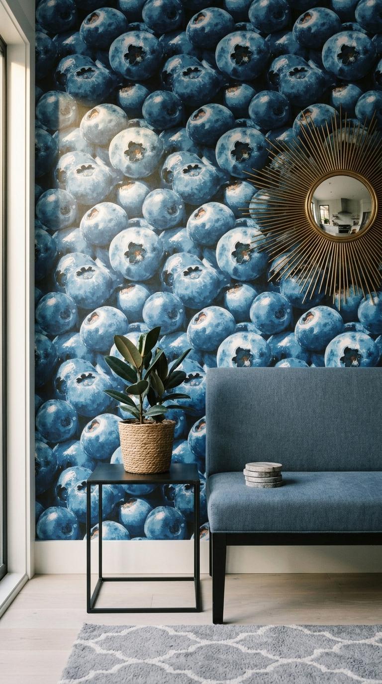 Blueberry Pattern Wallpaper Fruit Kitchen Wall Decor Dark Blue Modern Food Design