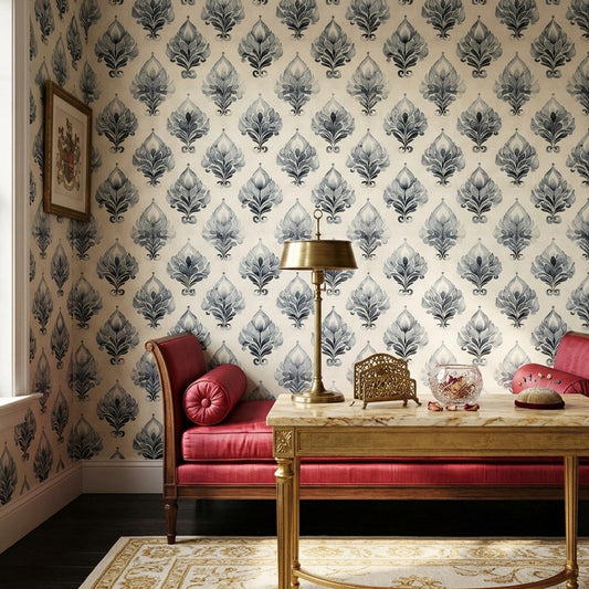 Blue Damask Wallpaper Classic Pattern Elegant Vintage Wall Decor Home Interior Design