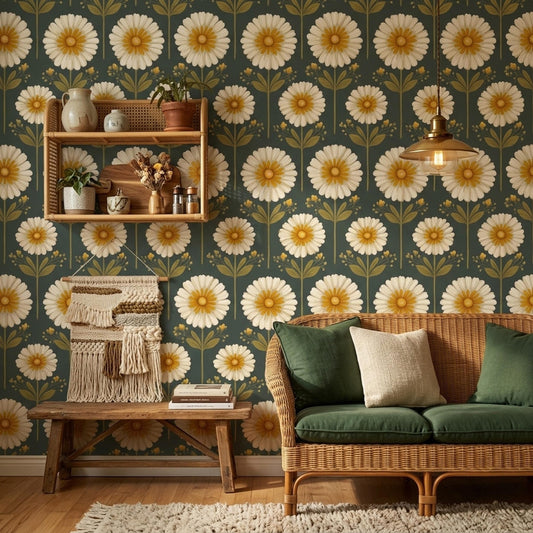 Green Daisy Wallpaper Floral Pattern Botanical Vintage Flower Wall Decor Design