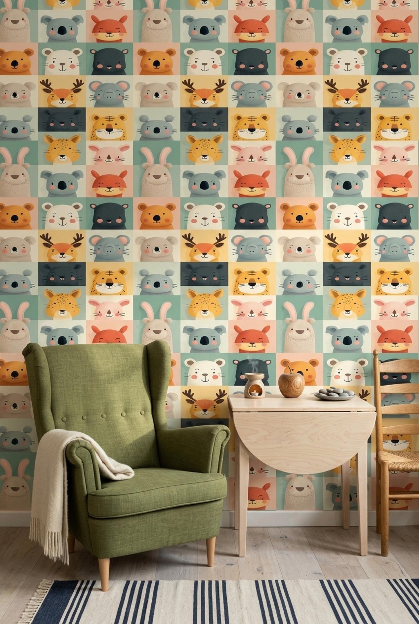 Scandinavian Kids Wallpaper Minimal Animal Pattern Neutral Nursery Wall Decor