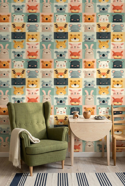 Scandinavian Kids Wallpaper Minimal Animal Pattern Neutral Nursery Wall Decor