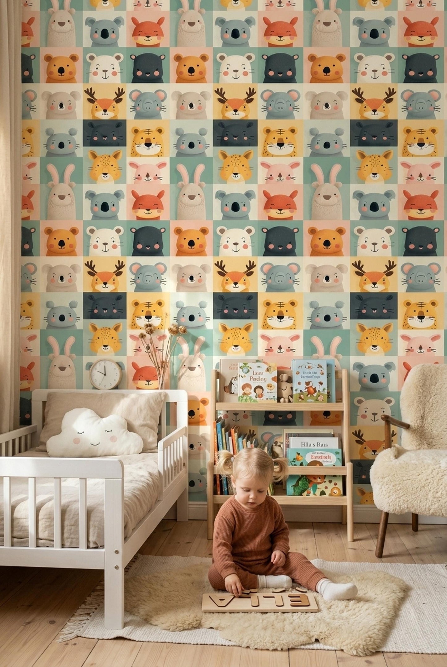 Scandinavian Kids Wallpaper Minimal Animal Pattern Neutral Nursery Wall Decor