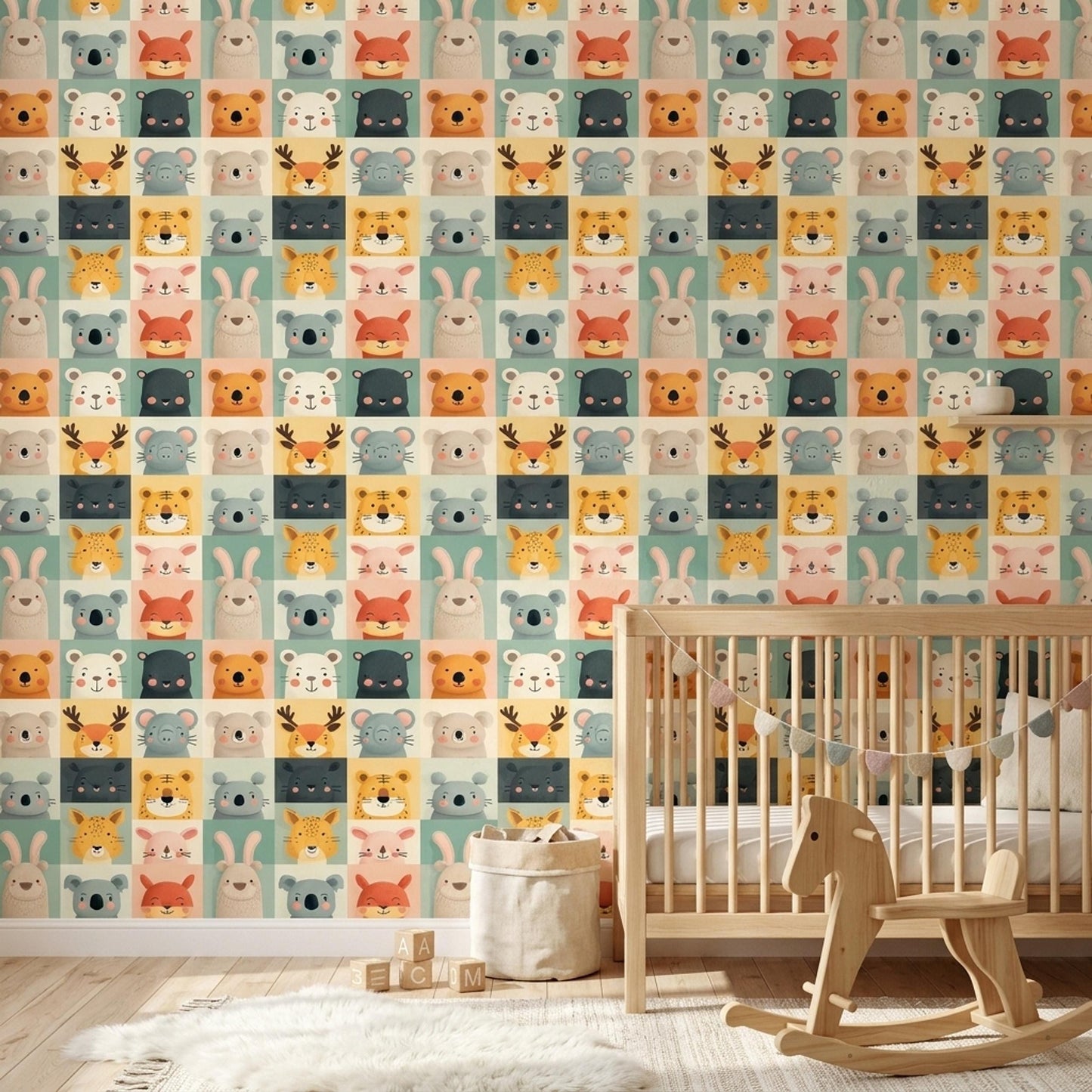 Scandinavian Kids Wallpaper Minimal Animal Pattern Neutral Nursery Wall Decor