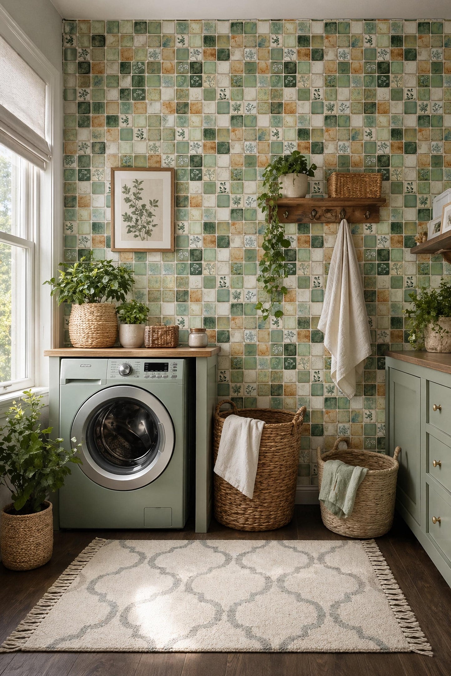 Green Mosaic Tile Wallpaper Botanical Square Pattern Rustic Ceramic Look Natural Wall Decor