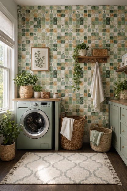 Green Mosaic Tile Wallpaper Botanical Square Pattern Rustic Ceramic Look Natural Wall Decor