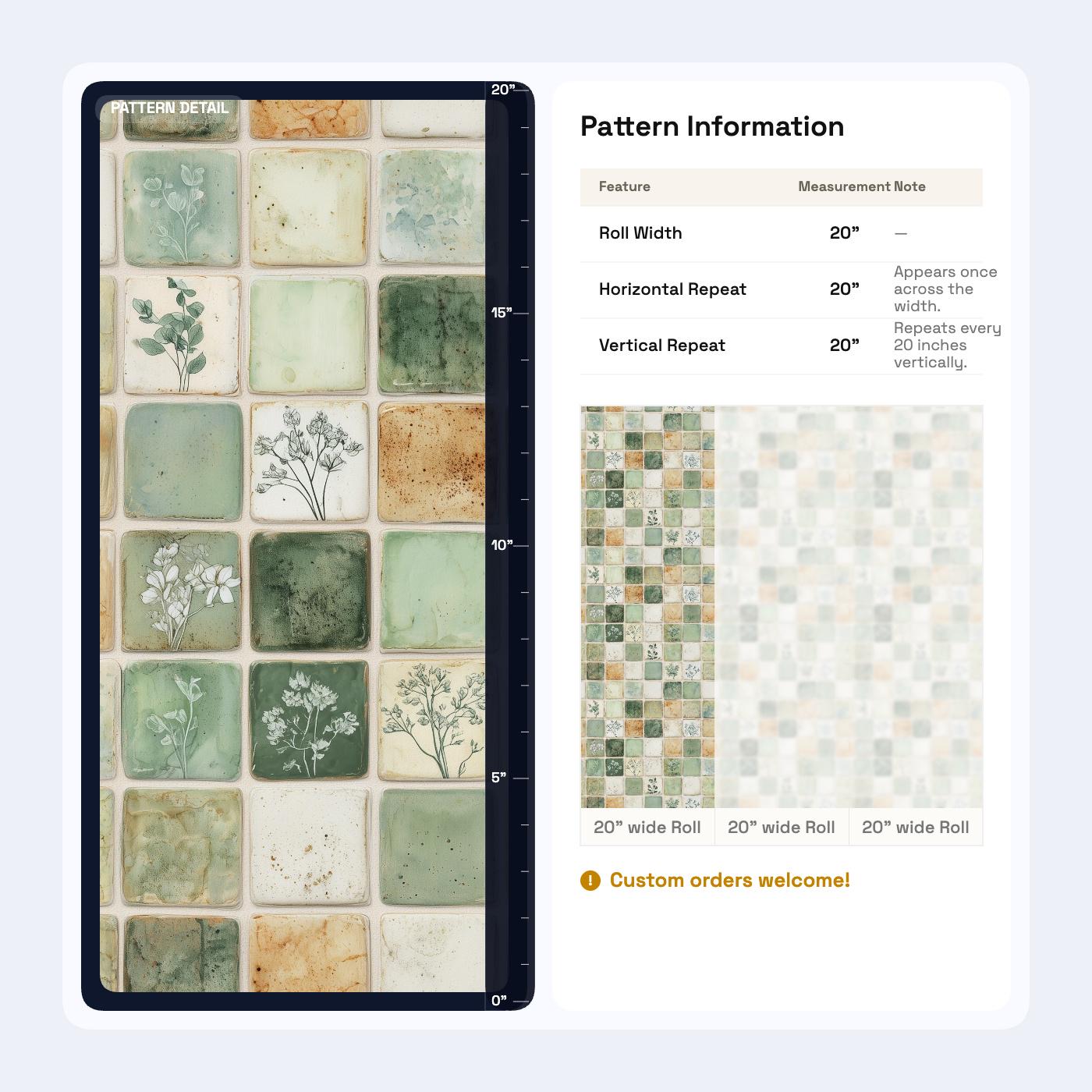 Green Mosaic Tile Wallpaper Botanical Square Pattern Rustic Ceramic Look Natural Wall Decor