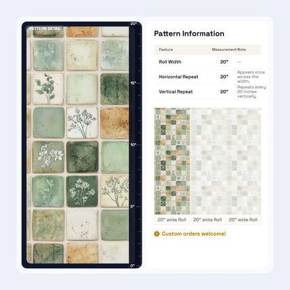 Green Mosaic Tile Wallpaper Botanical Square Pattern Rustic Ceramic Look Natural Wall Decor