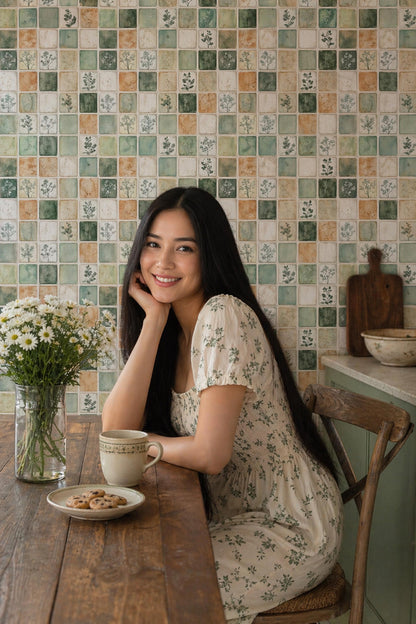 Green Mosaic Tile Wallpaper Botanical Square Pattern Rustic Ceramic Look Natural Wall Decor