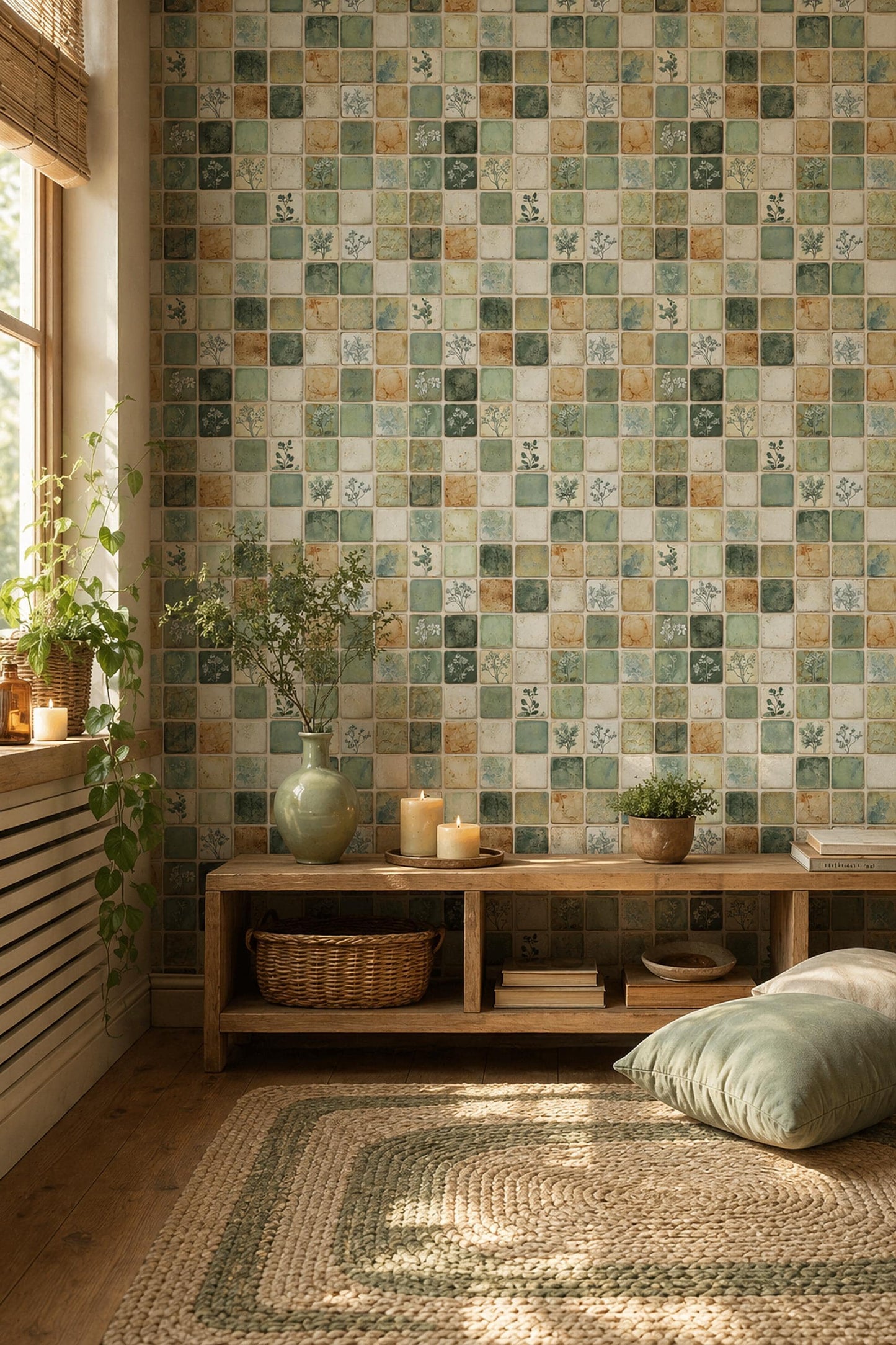 Green Mosaic Tile Wallpaper Botanical Square Pattern Rustic Ceramic Look Natural Wall Decor