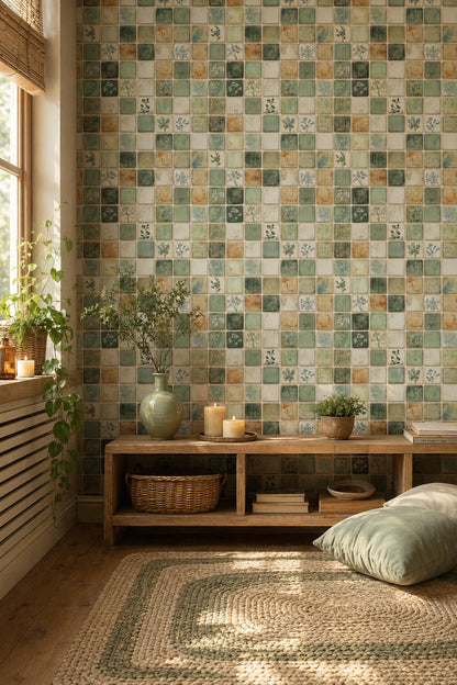 Green Mosaic Tile Wallpaper Botanical Square Pattern Rustic Ceramic Look Natural Wall Decor