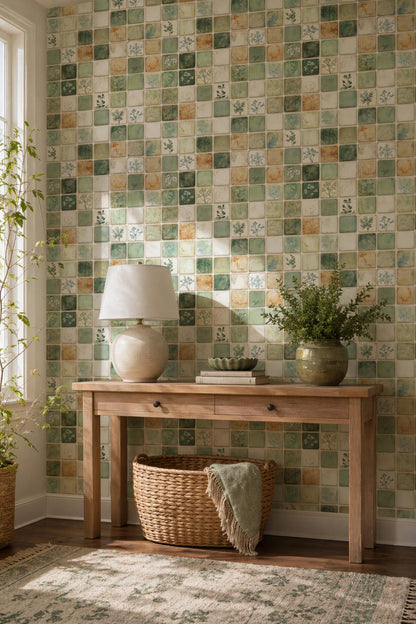 Green Mosaic Tile Wallpaper Botanical Square Pattern Rustic Ceramic Look Natural Wall Decor